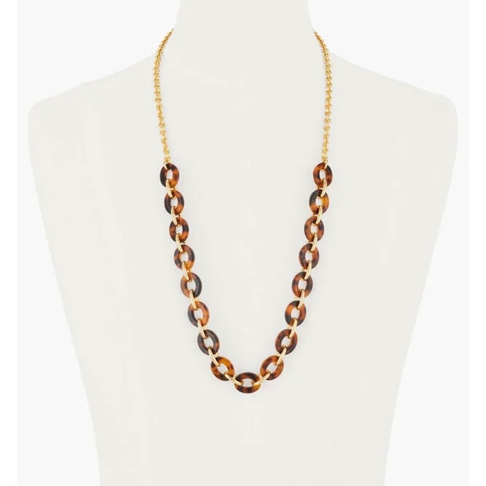 Talbots Tortoiseshell Link Goldtone Chain Long Necklace Brown Amber Statement